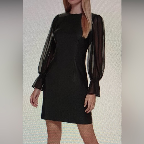 Calvin Klein Chiffon-Sleeve Faux-Leather Sheath Dress - Picture 3 of 9